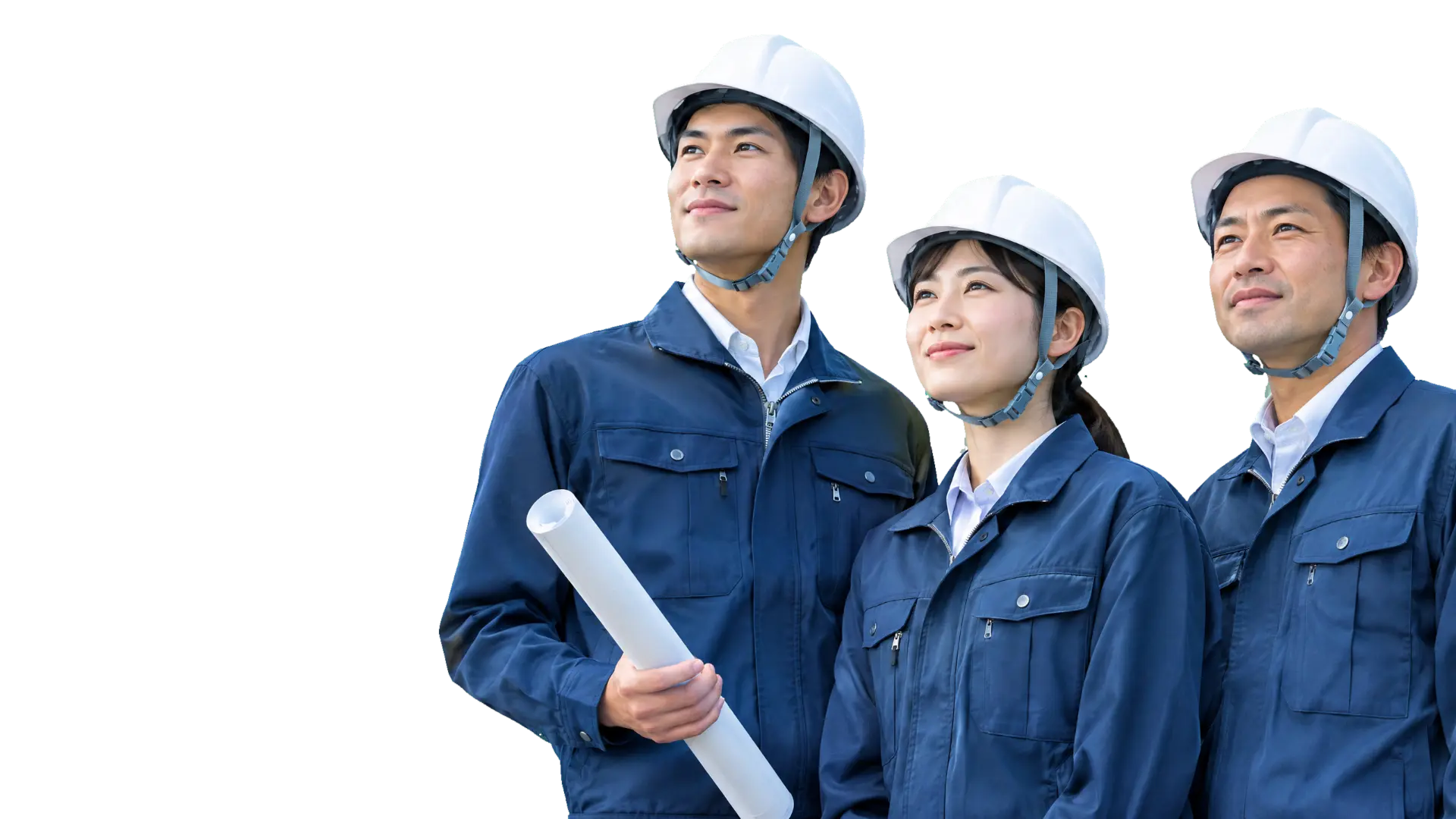 ヘルメットと作業服姿の近藤建設のスタッフ3人